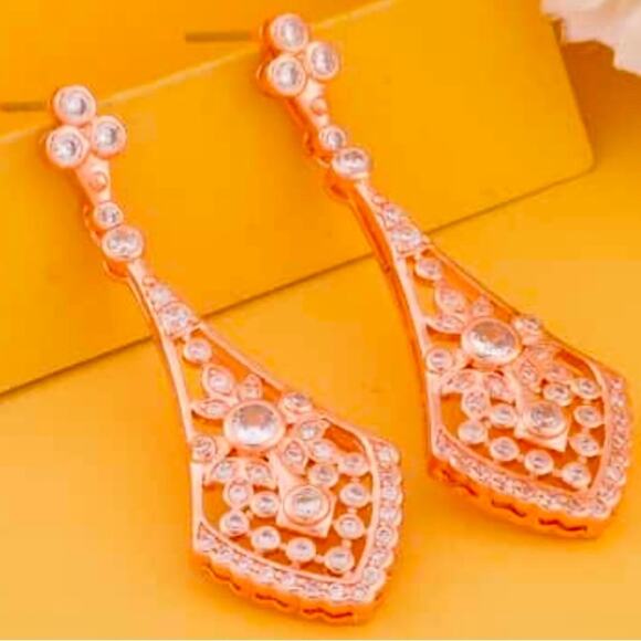 Simulated Diamond Dangle Earrings in Rosetone. 2 ctw - Picture 2 of 5